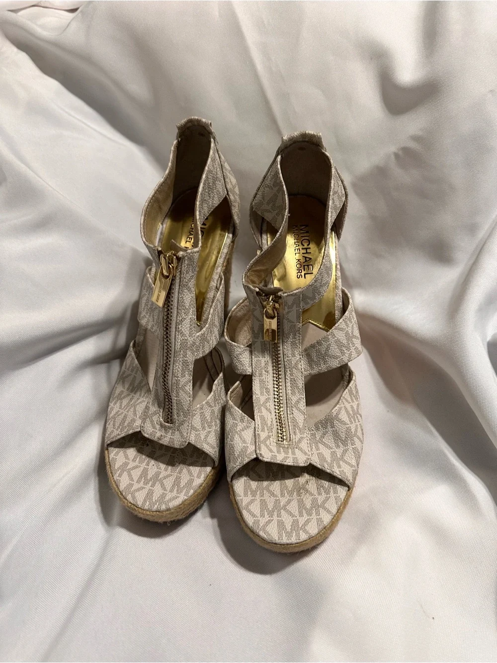 Michael Kors Beige Logo Espadrille Wedge Sandals with Front Zip